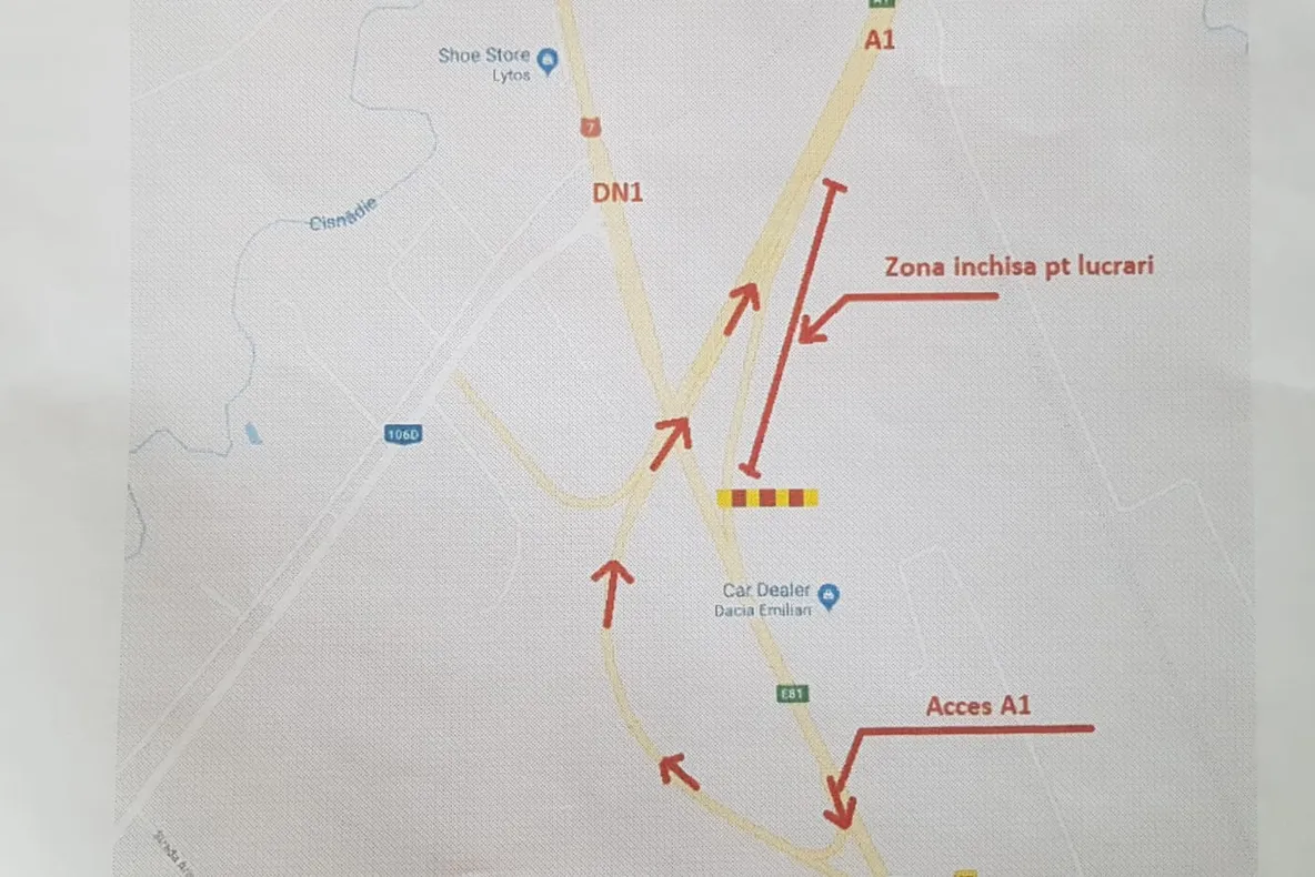 Restricții pe A1 joi și vineri, la ieșirea spre Veștem