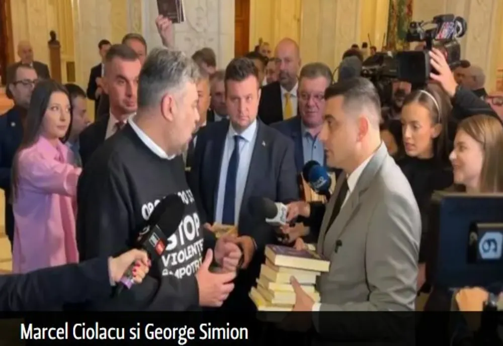 Schimb de replici între Marcel Ciolacu și George Simion - Liderul AUR i-a dat premierului un volum din Harry Potter