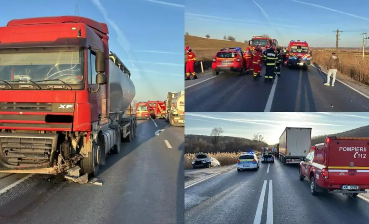 Trafic blocat pe DN 1, în județul Sibiu. Un bărbat și o fetiță, răniți după ce două autoturisme și un TIR s-au ciocnit