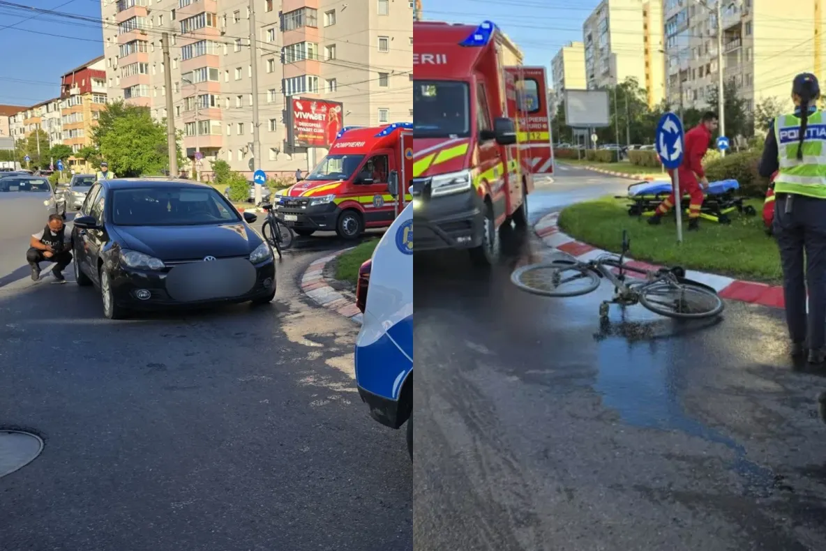 Accident grav în municipiul Sibiu. Un biciclist a fost lovit în plin de o mașină