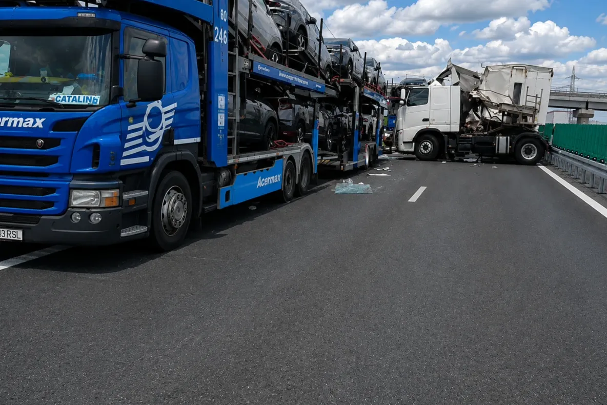 Accident pe drumul expres după o oprire de urgență. Un TIR a lovit două trailere încărcate cu mașini