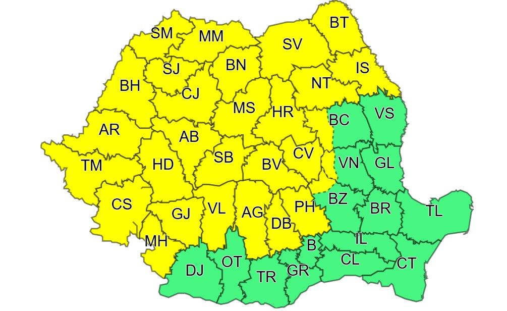 Cod galben de ploi, descărcări electrice, vijelii și grindină
