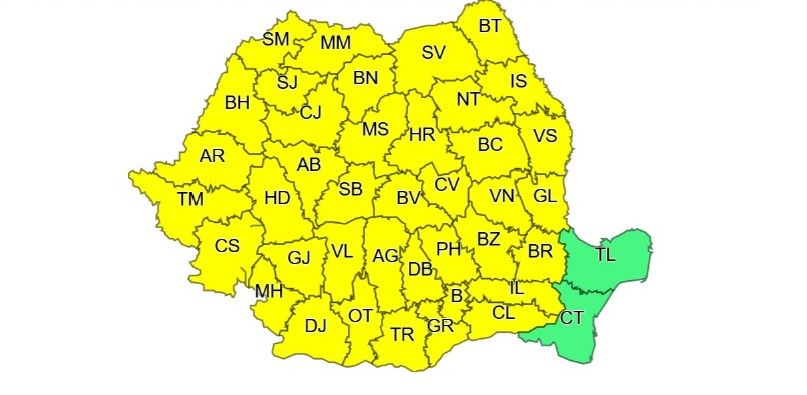 Cod galben de ploi și vijelii în Sibiu și alte 44 de județe din țară