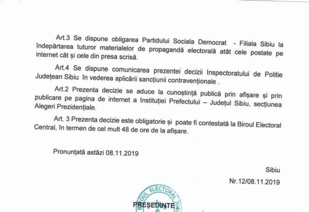 Alegeri prezidențiale 2019: Organizația PSD Sibiu acuzată de postări false, defăimătoare și xenofobe în ziua alegerilor. BEJ a admis sesizările