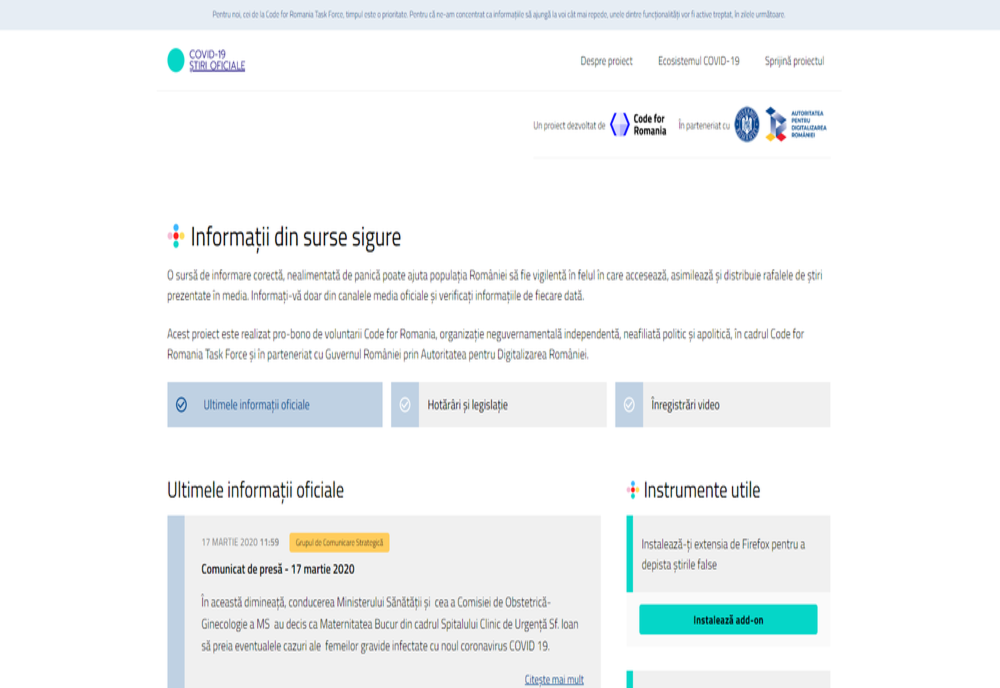 Lansarea Platformei online COVID-19 Știri Oficiale