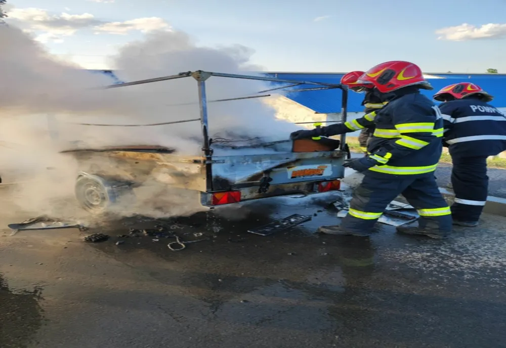 Remorcă în flăcări, pe un drum județean din Sibiu