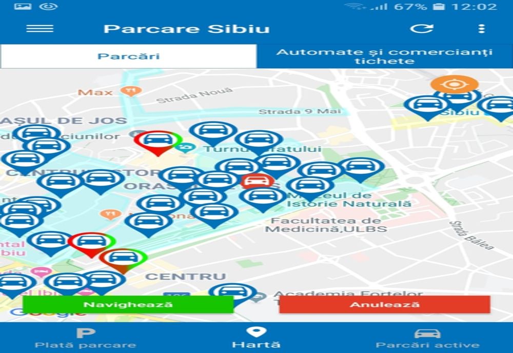 Noi instrumente disponibile în aplicația mobilă "PARCARE SIBIU". Șoferii își pot salva locația unde și-au lăsat mașina