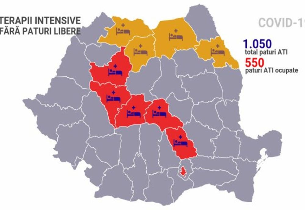 HARTA ocupării paturilor de Terapie Intensivă pentru bolnavii de COVID-19 / Județele în care secțiile ATI sunt pline