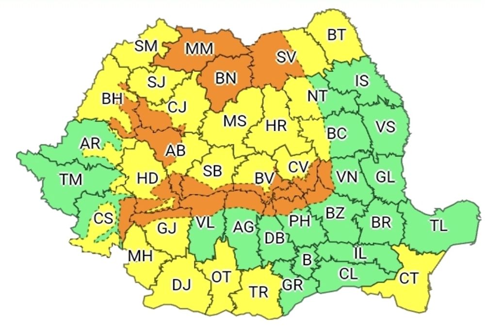 COD GALBEN şi COD PORTOCALIU de vânt puternic, viscol şi ninsori