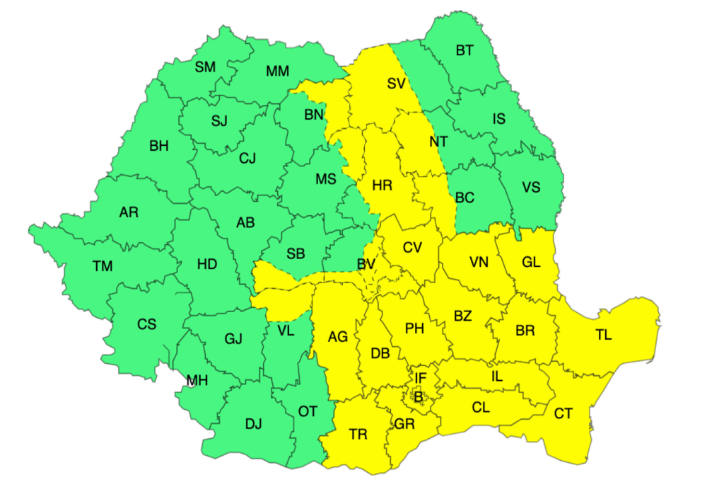 ANM: Cod galben de instabilitate atmosferică în mai multe județe din țară