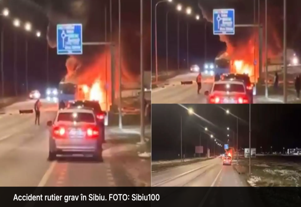 ACCIDENT GRAV ÎN SIBIU. AU AUTOBUZ ȚI UN AUTOTURISM AU LUAT FOC DUPĂ CE S-AU CIOCNIT VIOLENT. 