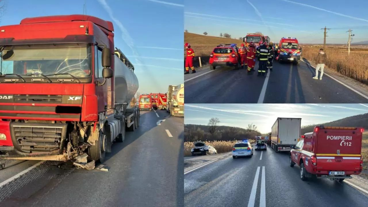 Trafic blocat pe DN 1, în județul Sibiu. Un bărbat și o fetiță, răniți după ce două autoturisme și un TIR s-au ciocnit